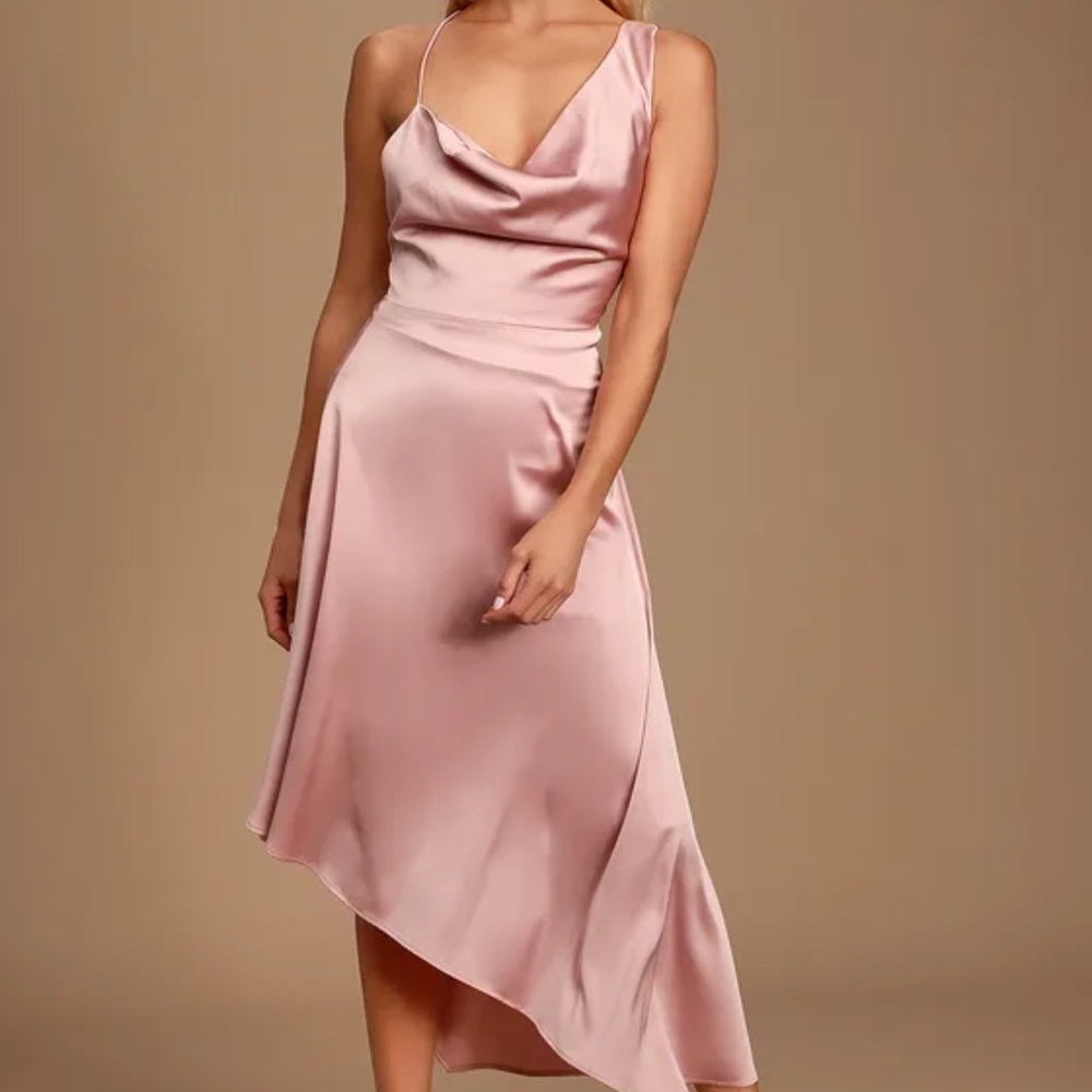 Sereno Mauve Pink Satin Cowl Neck Asymmetrical Midi Dress